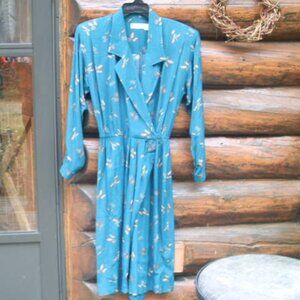 EUC Vintage Liz Claiborne Teal Fall Floral Wrap Style Midi Dress SZ 8